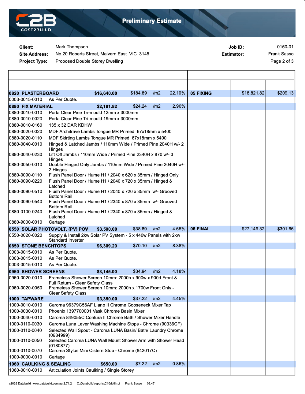 Cost2Build preliminary estimate sample page for a double storey dwelling