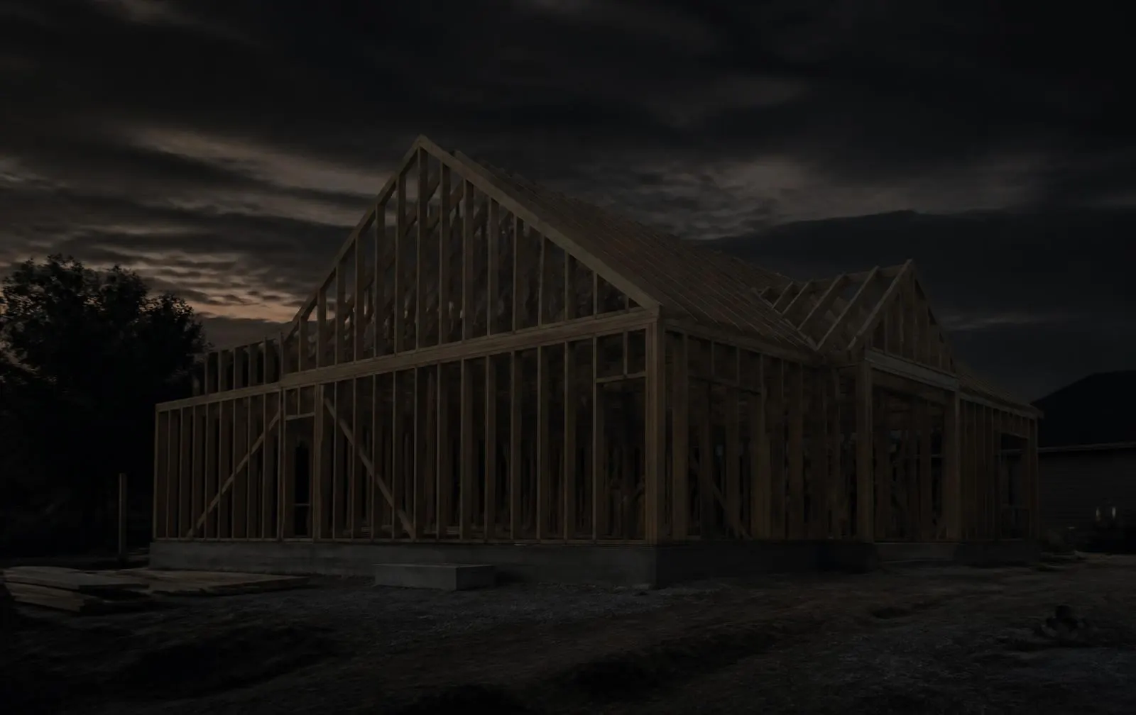 Residential construction site at dusk