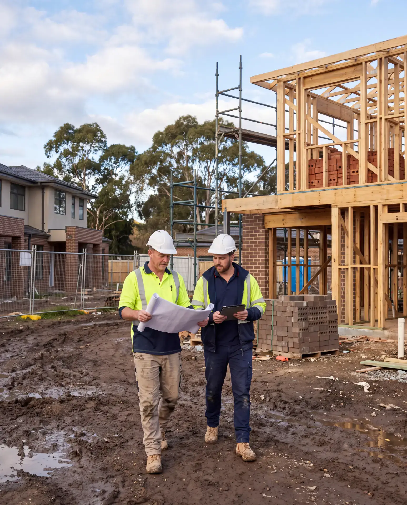 Two builders reviewing plans on a tablet at a Victorian residential construction site