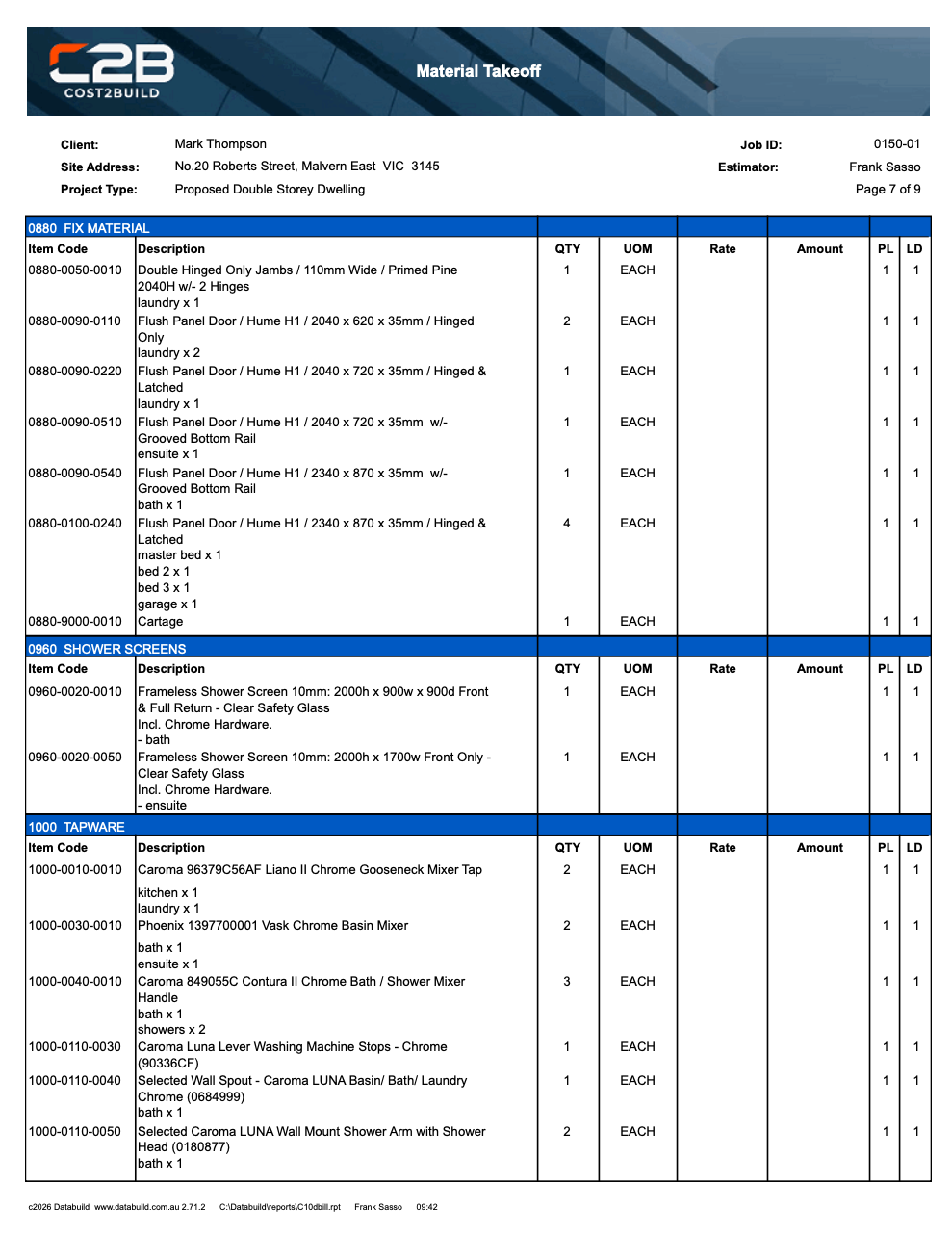 Cost2Build material takeoff sample page for a double storey dwelling