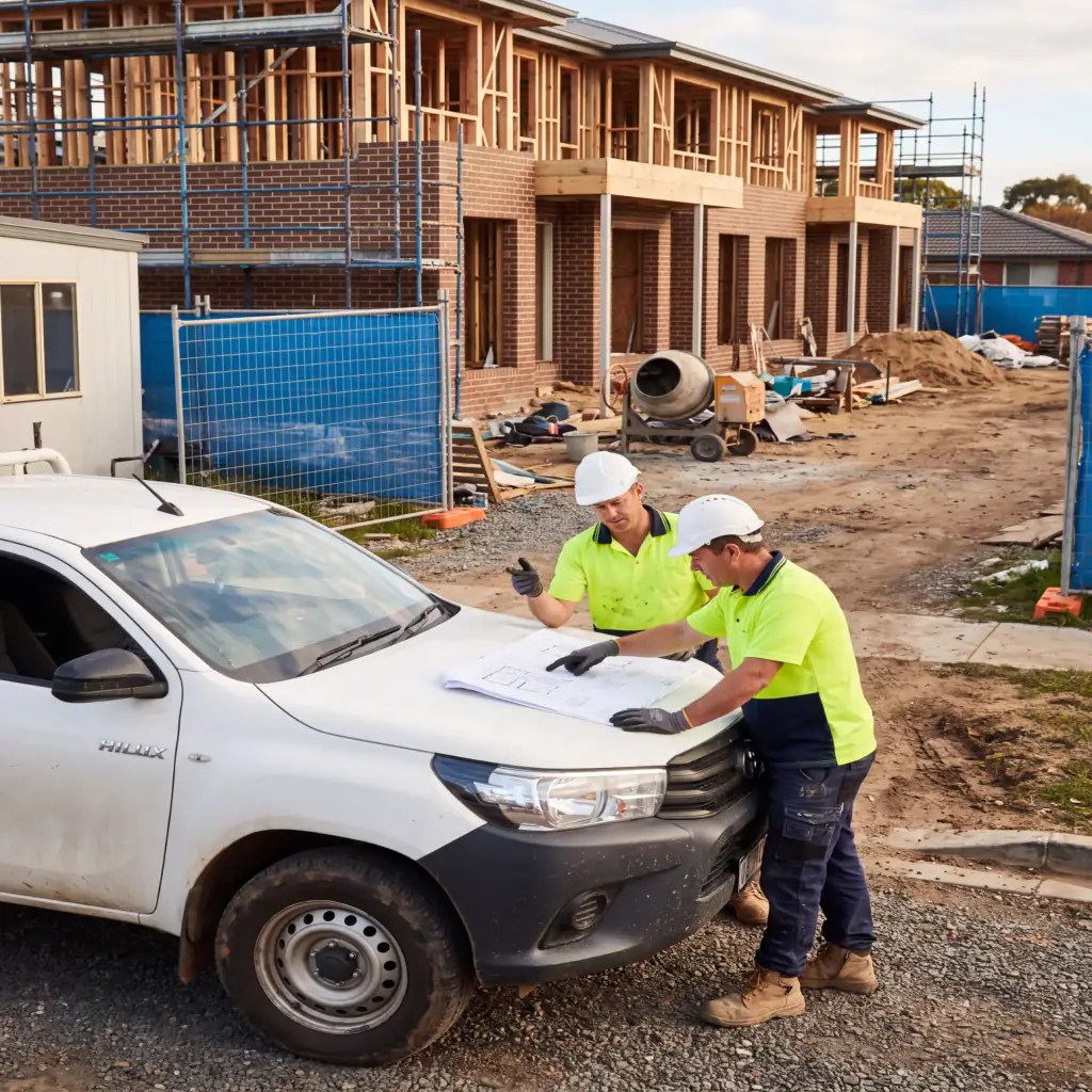 Two builders in hi-vis reviewing plans on the bonnet of a Hilux at a Victorian residential construction site