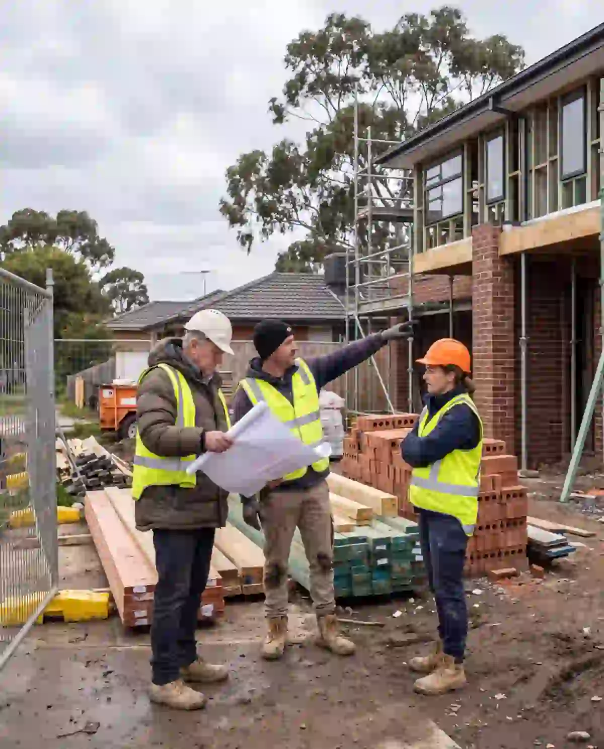 Builder, estimator and architect reviewing residential plans on a Victorian construction site
