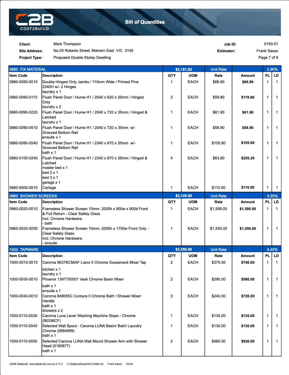 Cost2Build detailed bill of quantities sample page for a double storey dwelling
