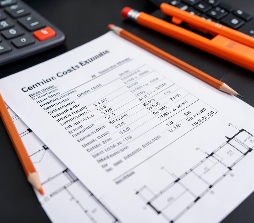 Construction cost estimate document with quantities, calculator and orange highlighter